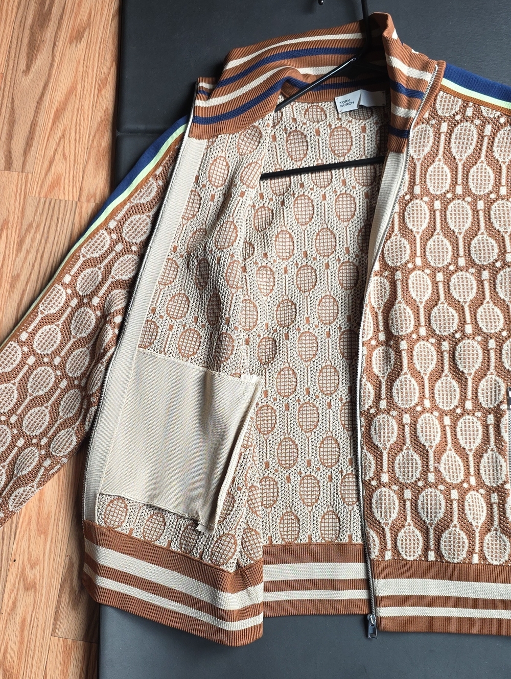 Tory Burch Brown and Navy Tennis-Pattern Zip-Up Sweater - Picture 6 of 10